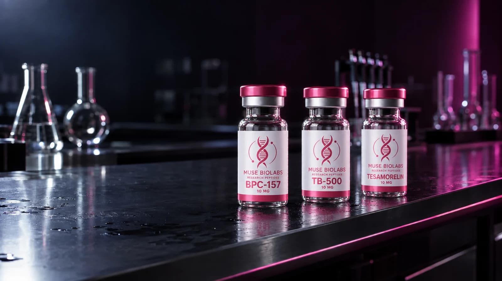Peptide vials on a laboratory bench under pink light