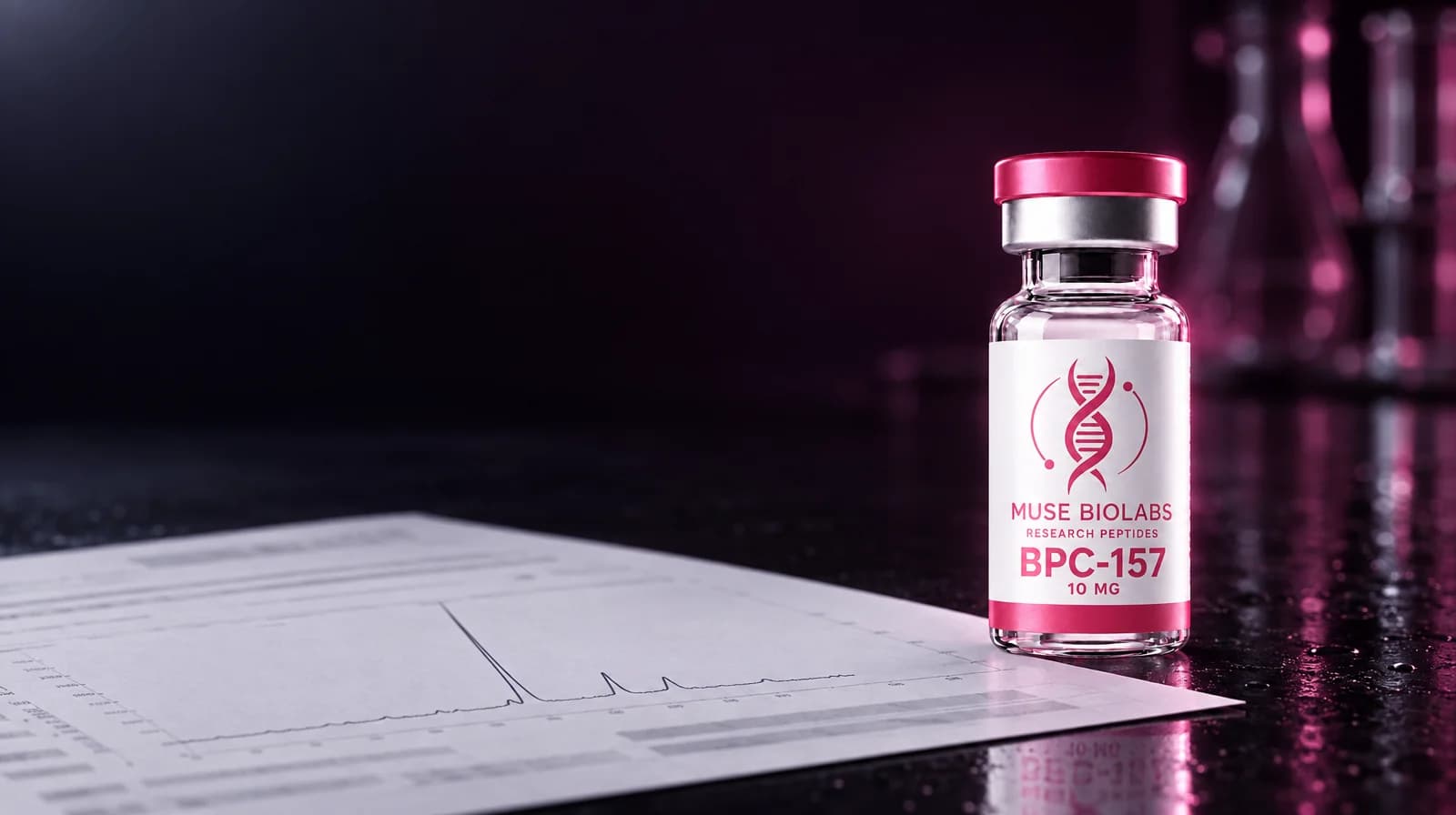 Certificate of analysis paperwork beside a peptide vial