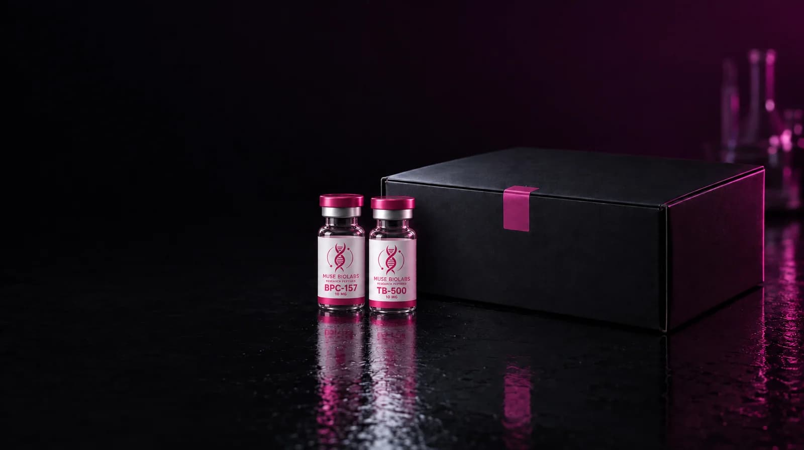 A packed shipping box on a dark laboratory bench