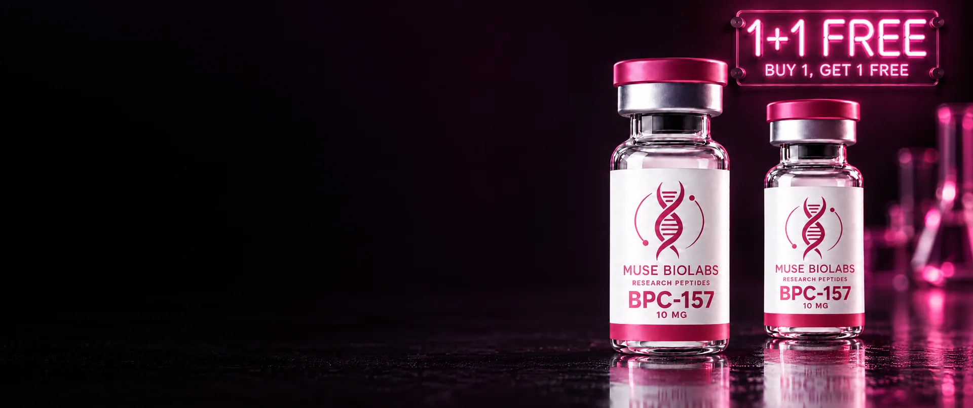 Two Muse Biolabs BPC-157 vials on a laboratory bench: buy 1, get 1 free
