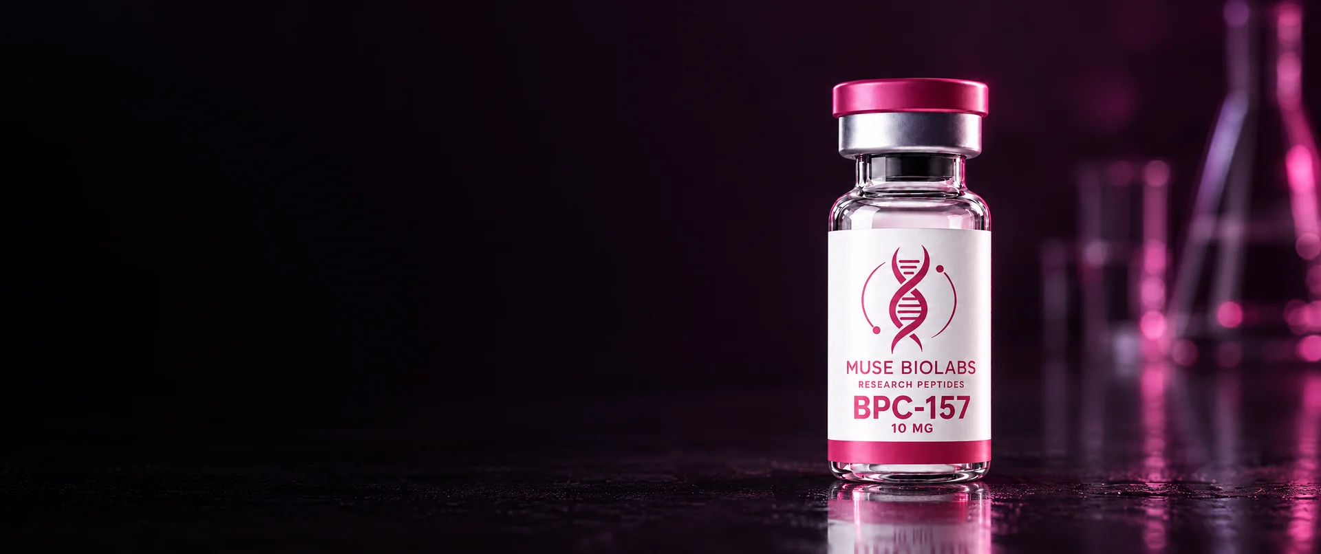 A Muse Biolabs BPC-157 vial on a laboratory bench